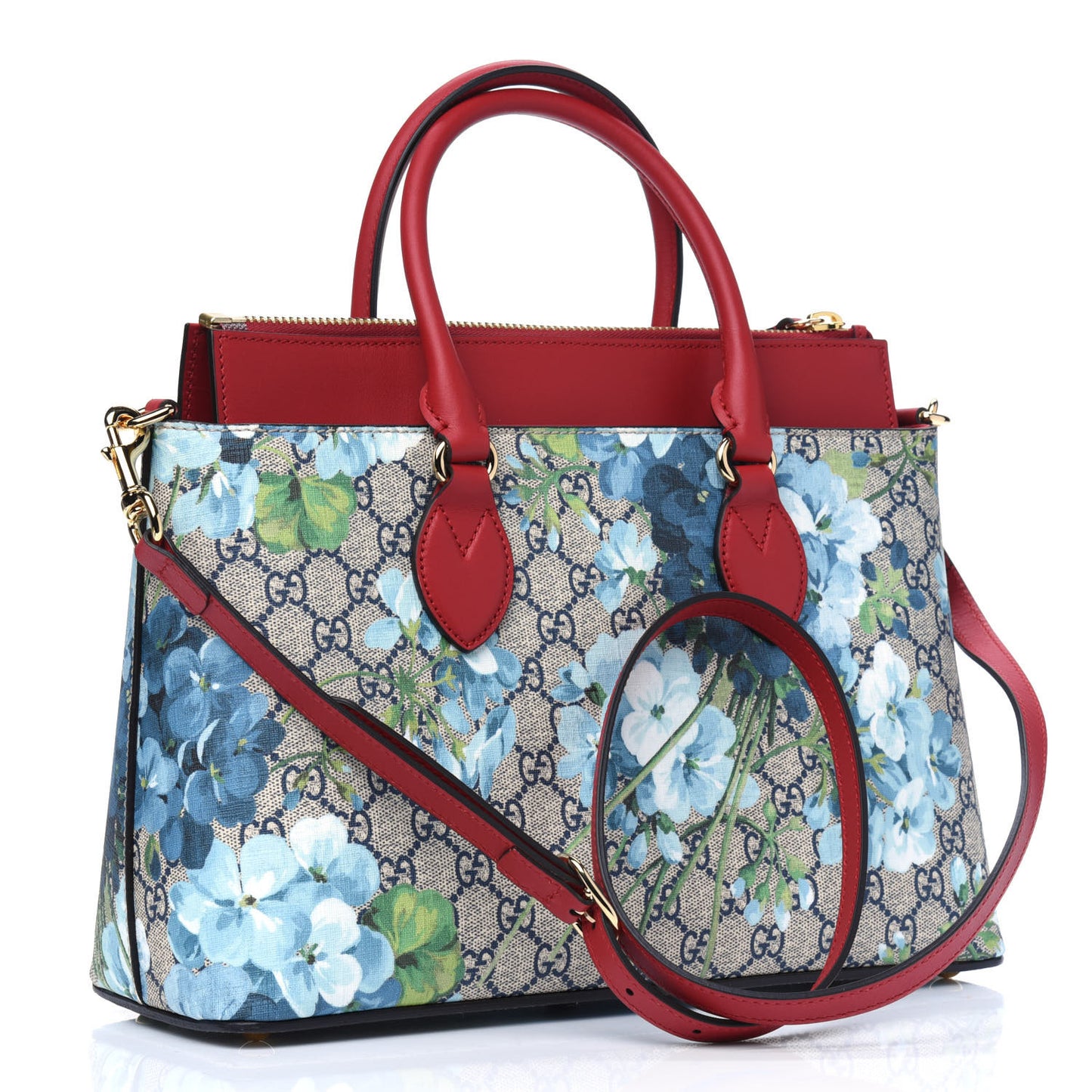GG Supreme Monogram Blooms Medium Zip Top Tote Beige Blue Navy Hibiscus Red