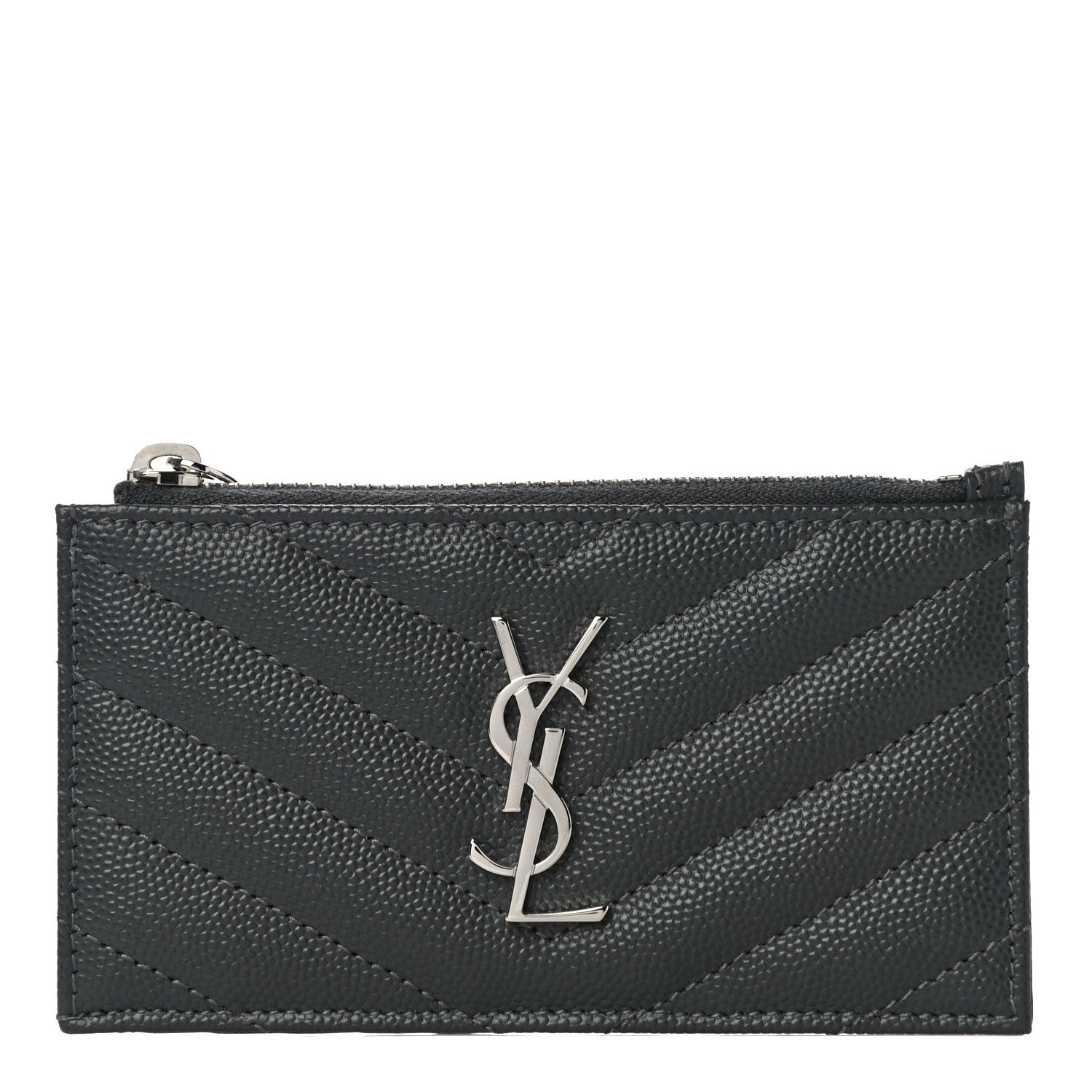 Saint Laurent Grain De Poudre Matelasse Chevron Monogram Fragments Zippered Card Case Fog 1 of 10
