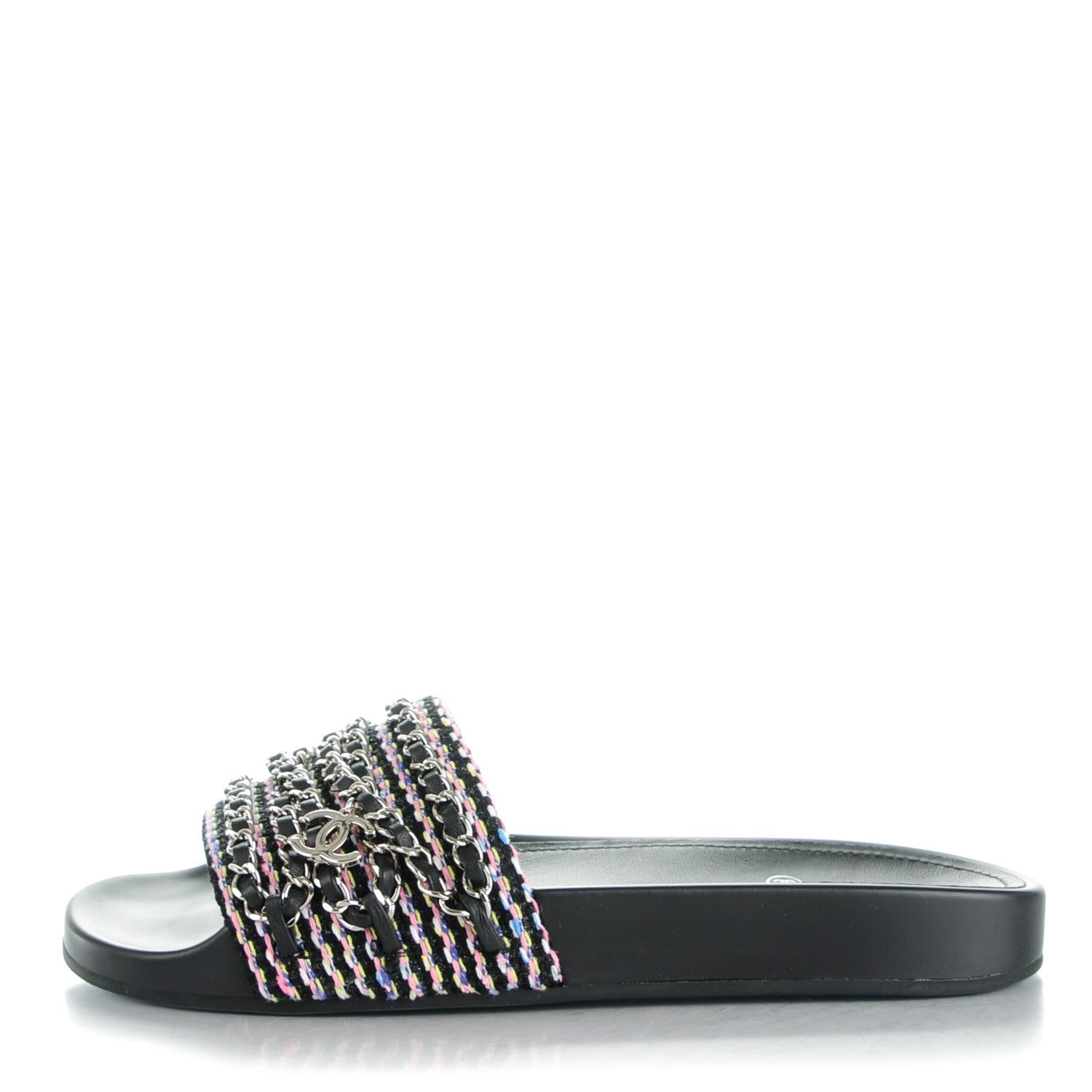 Chanel Tweed Lambskin Chain Flat Sandals 39 Black Multicolor 1 of 9