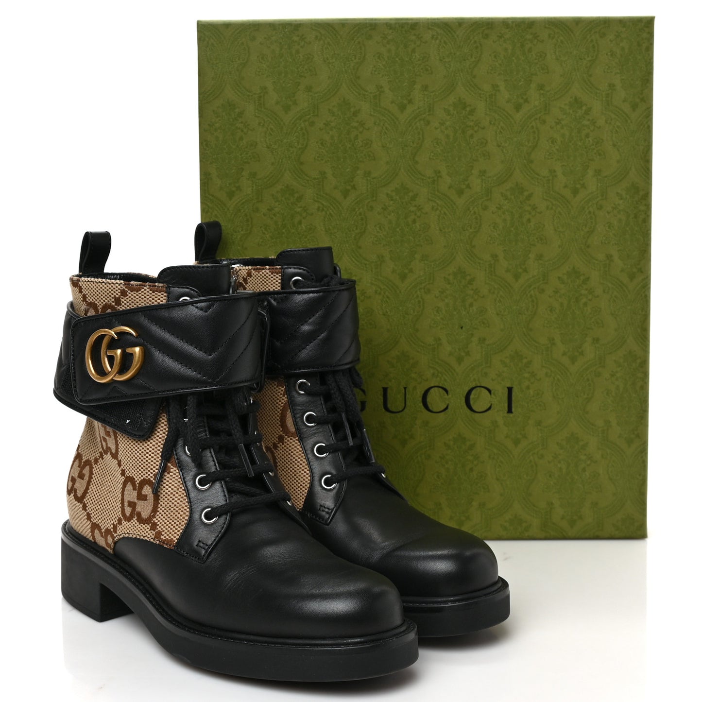 Flores Calfskin Monogram Maxi GG Nappa Matelasse Double G 40mm Ankle Boots 38.5 Black Camel Ebony