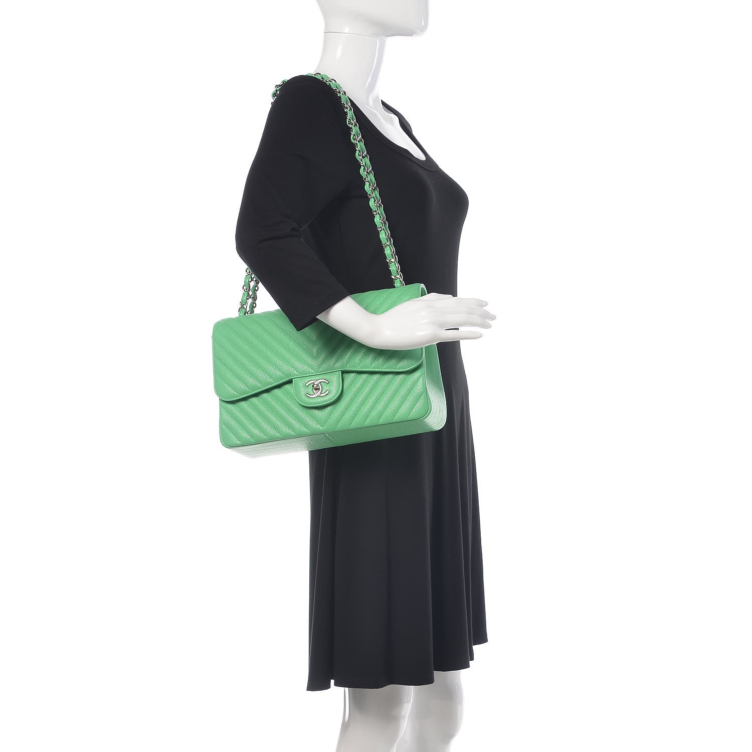 Chanel Caviar Chevron Quilted Jumbo Double Flap Green 2 of 9