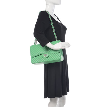 Chanel Caviar Chevron Quilted Jumbo Double Flap Green 2 of 9
