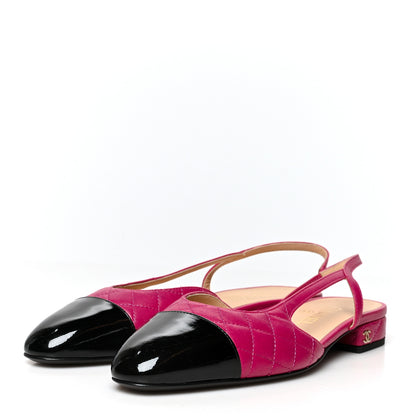 Chanel Lambskin Patent Cap Toe CC Slingback Flats 38 Pink Black 3 of 8