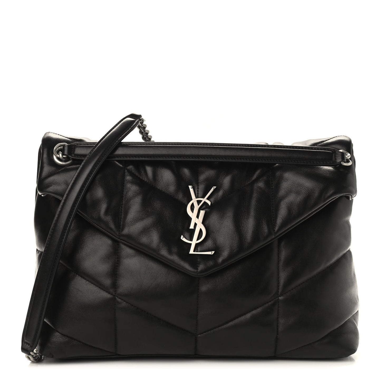 Lambskin Quilted Medium Loulou Puffer Monogram Chain Satchel Black