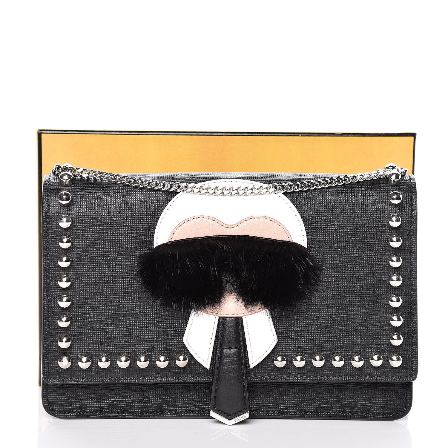 Fendi Vitello Elite Mink Fur Studded Karlito Tube Wallet on Chain Black 11 of 11