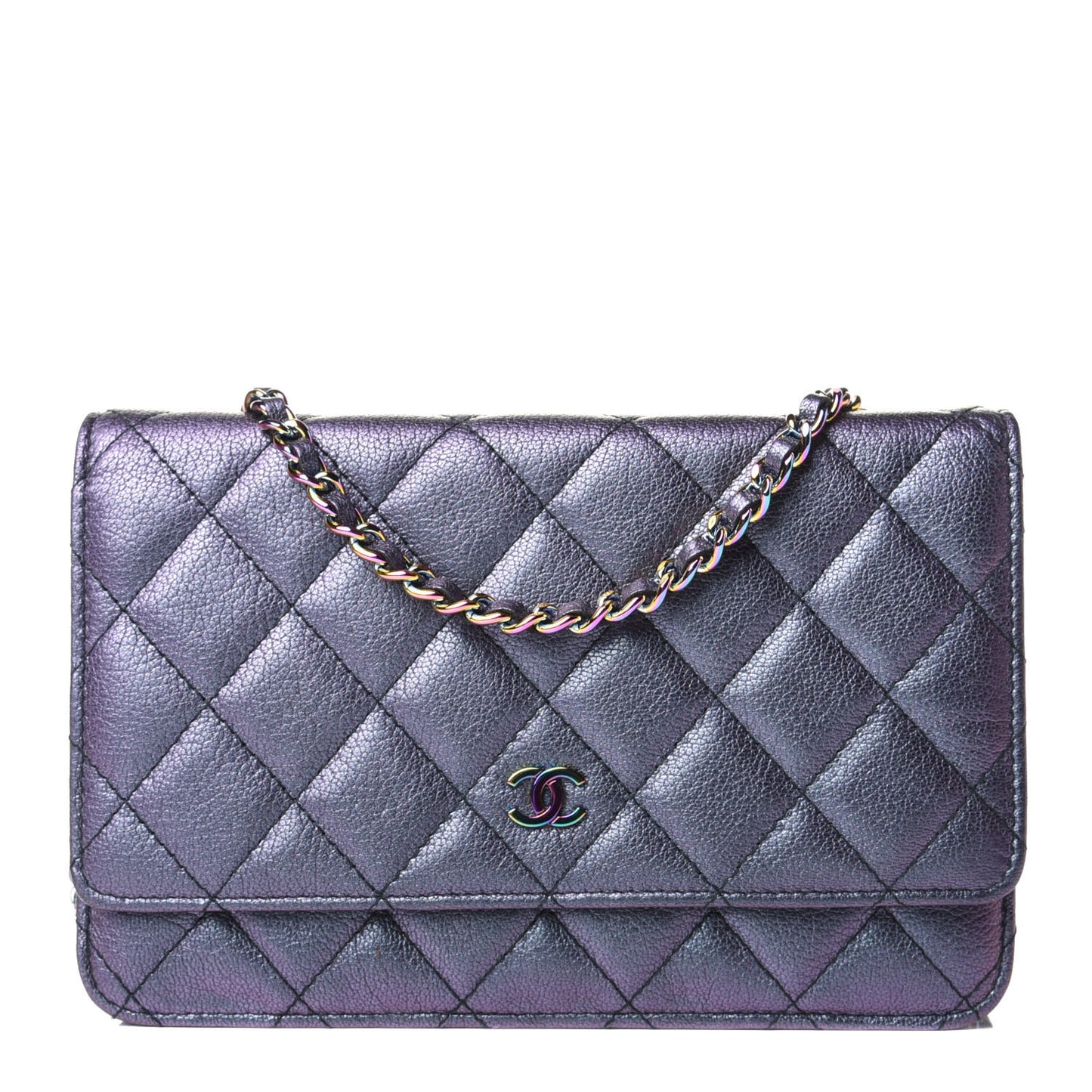 Iridescent Goatskin Quilted Wallet On Chain WOC Purple