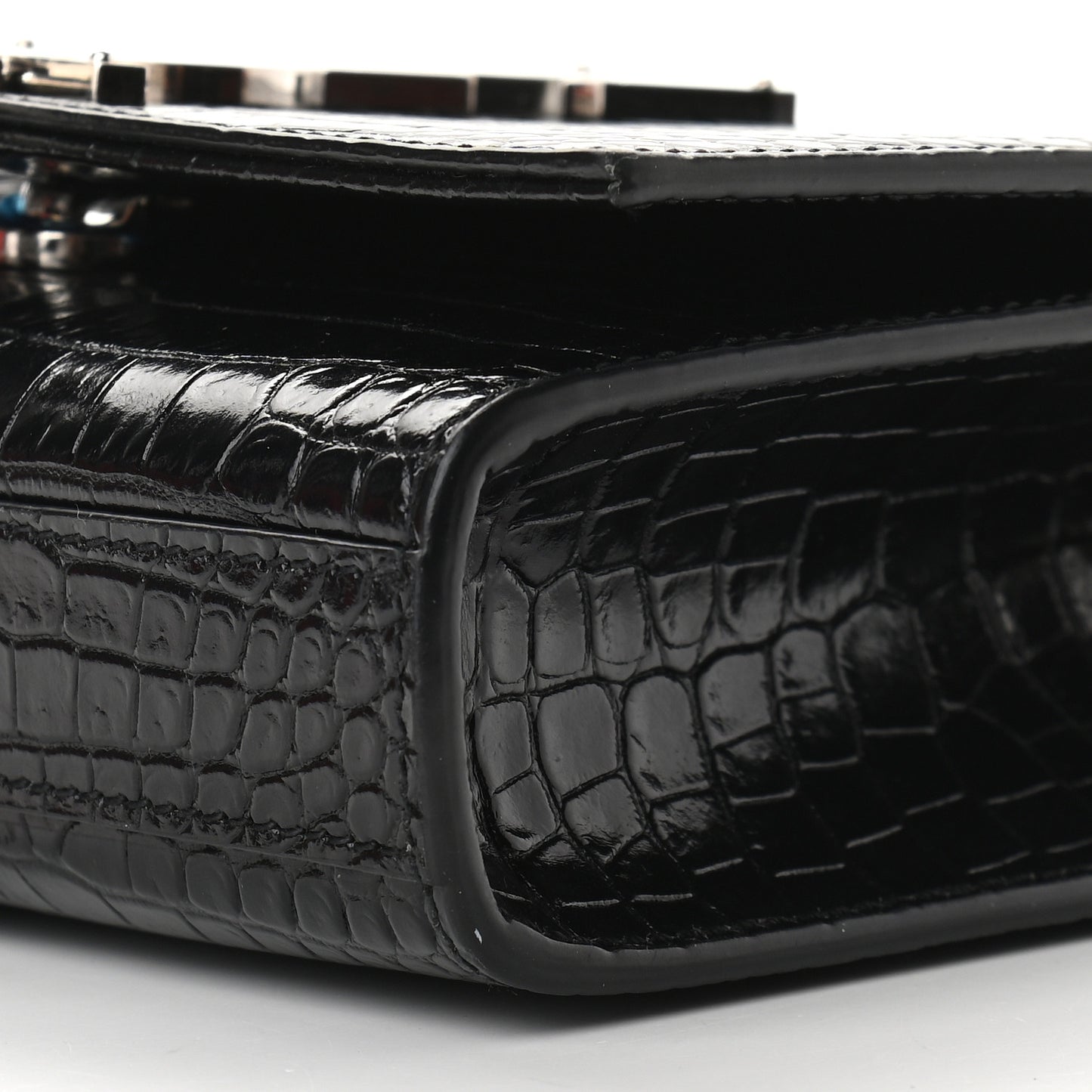 Calfskin Crocodile Embossed Small Classic Monogram Kate Tassel Satchel Black