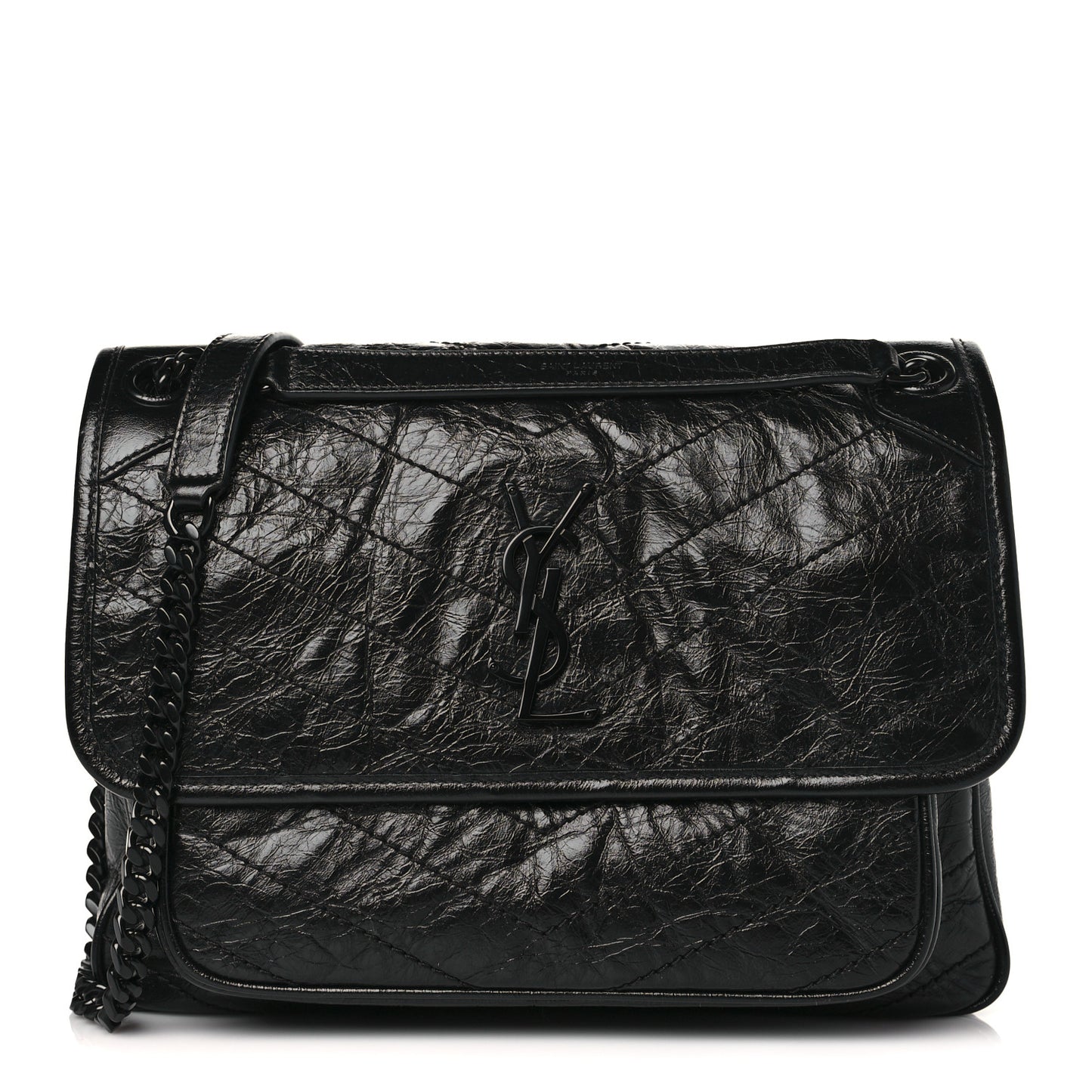 Crinkled Calfskin Matelasse Monogram Medium Niki Chain Satchel Black