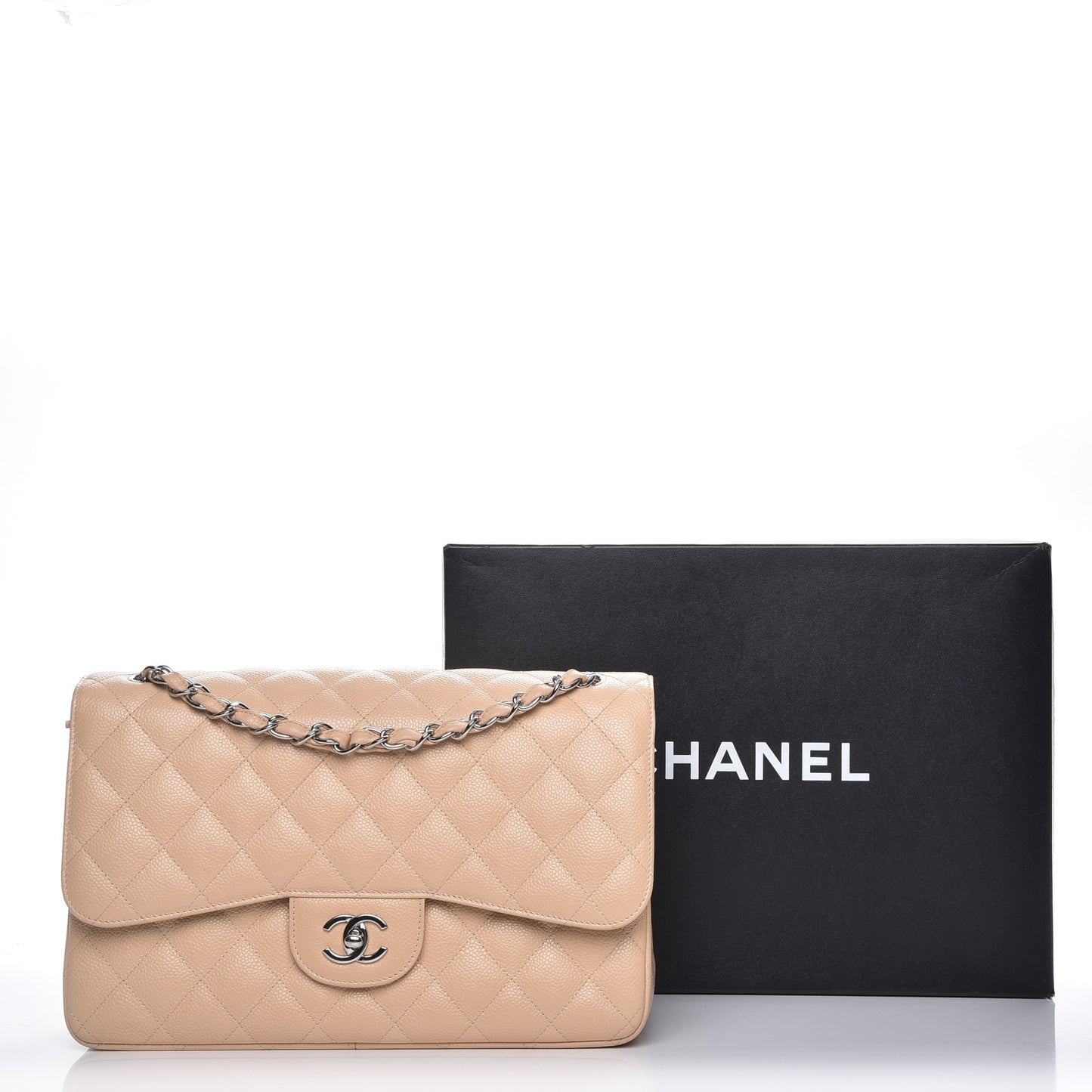 Caviar Quilted Jumbo Double Flap Beige Clair