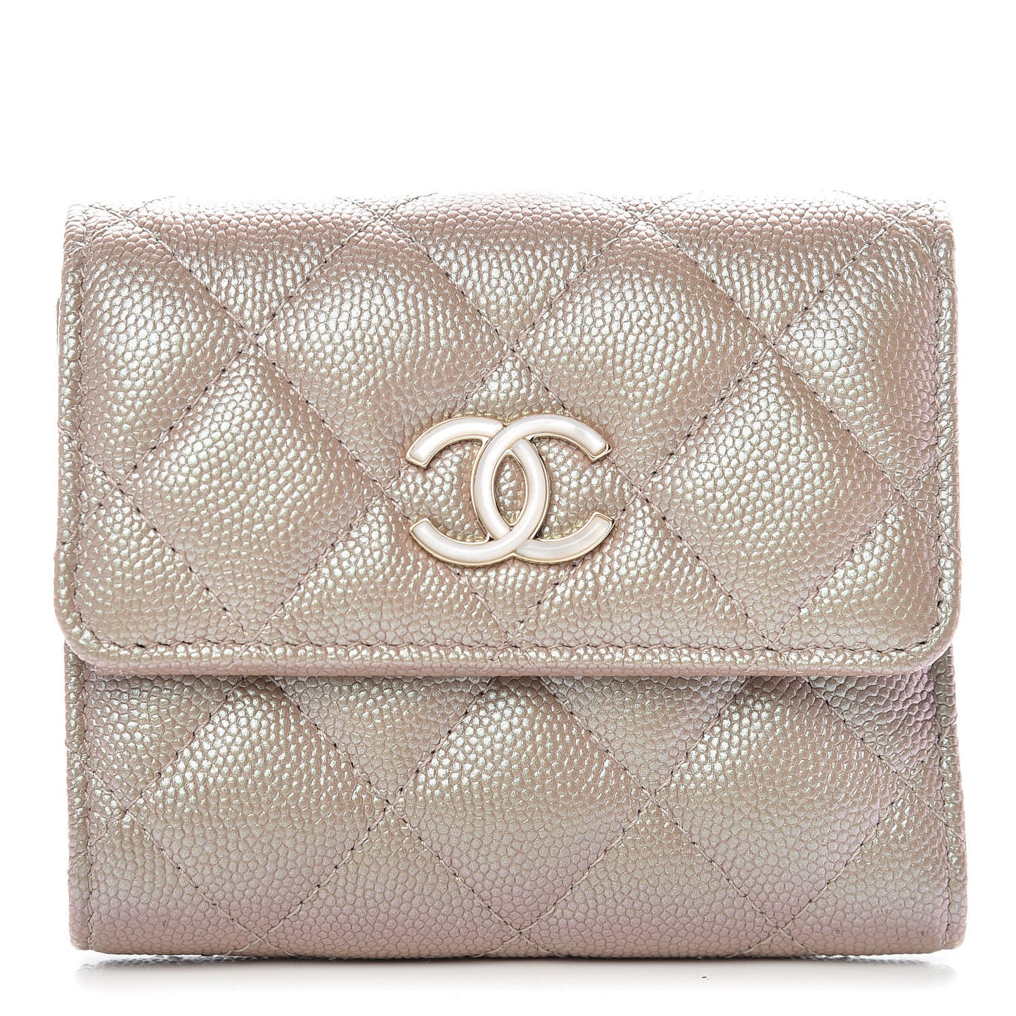 Iridescent Caviar Quilted Small Flap Wallet Beige