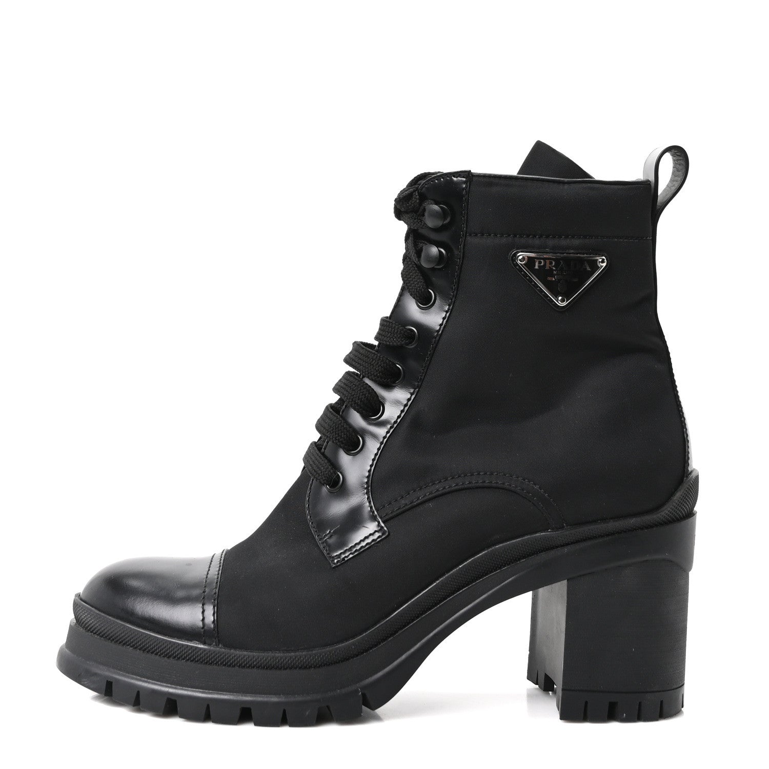Prada Spazzolato Re-Nylon Metal Triangle Logo Lace Up 55mm Ankle Boots 39.5 Black 1 of 9