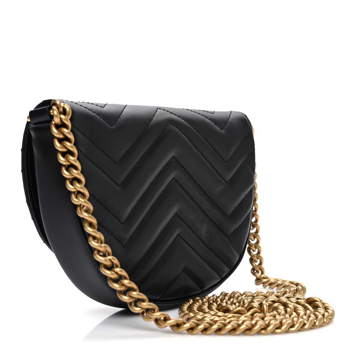 Gucci Calfskin Matelasse Mini GG Marmont Chain Half Moon Crossbody Bag Black 2 of 9