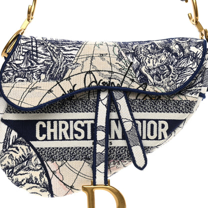 Christian Dior Canvas Embroidered Around the World Saddle Bag Blue 8 of 11