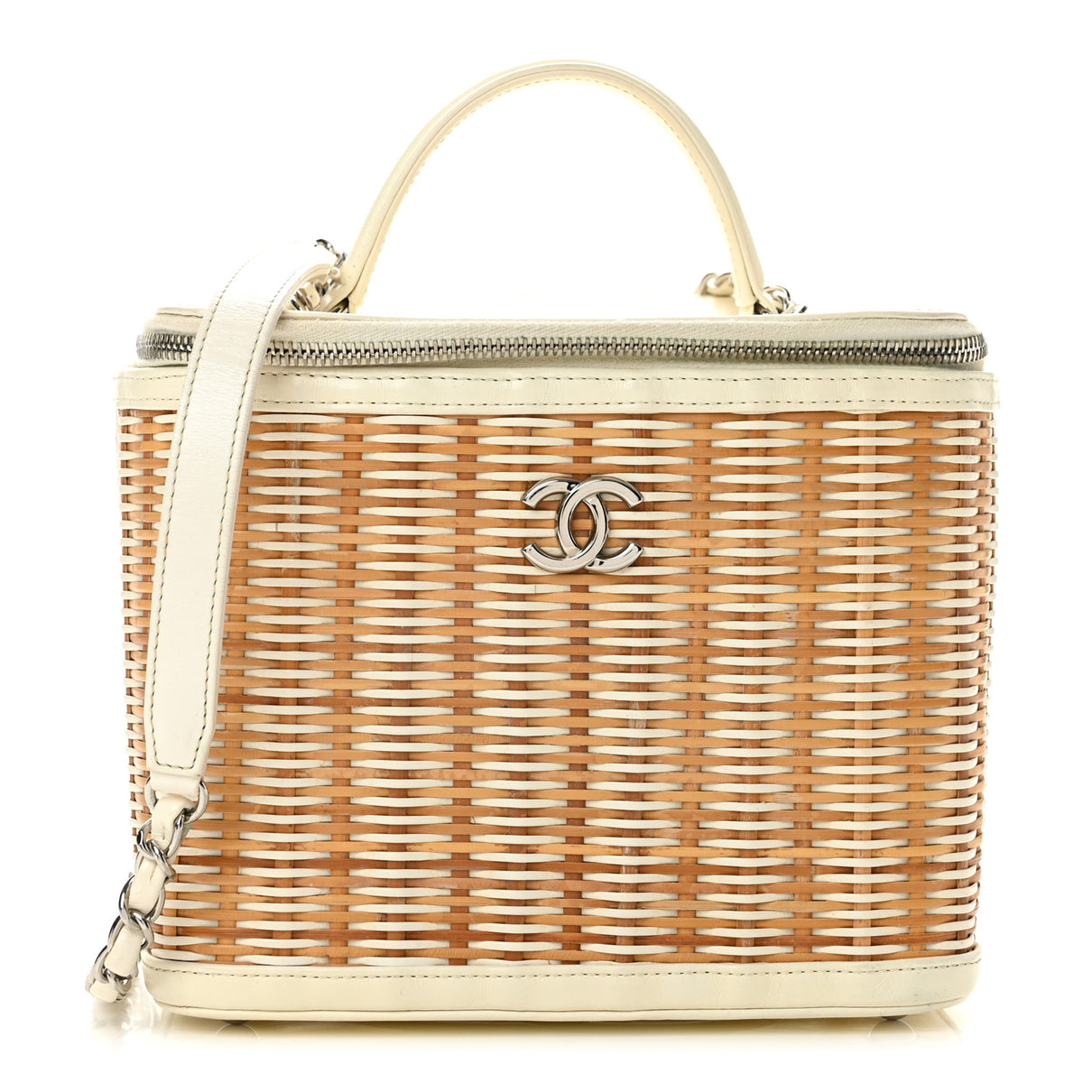 Chanel Glazed Calfskin Raffia Vanity Case Bag White Beige 1 of 13