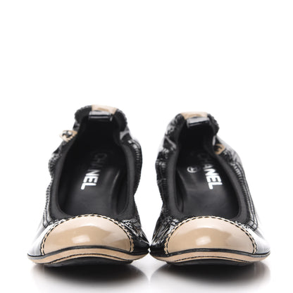 Chanel Lambskin Patent CC Elastic Stretch Pumps 39 Beige Black 2 of 10