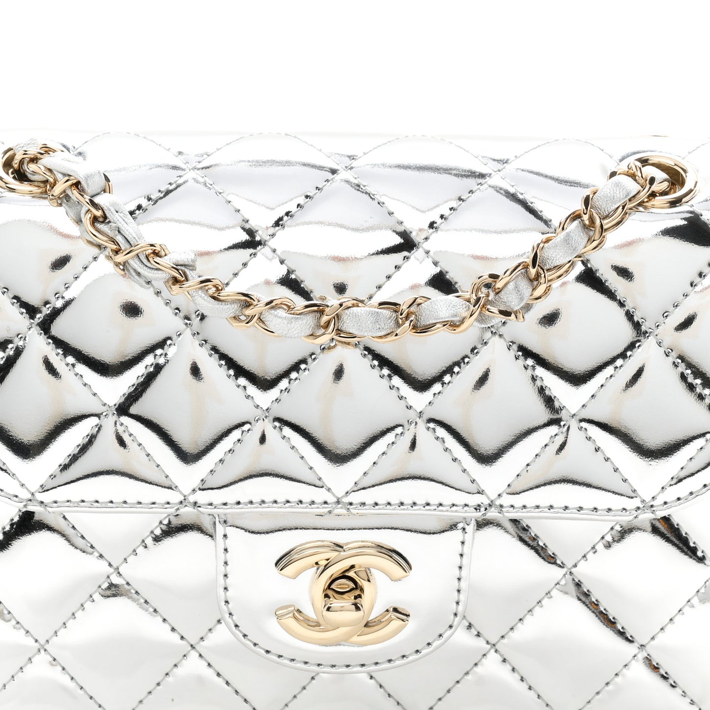 Mirror Calfskin Metallic Calfskin Quilted Hollywood Boulevard Mini Flap With Star Coin Purse Silver