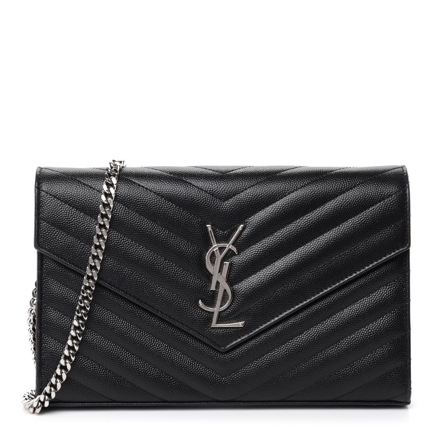 Saint Laurent Grain De Poudre Matelasse Chevron Monogram Chain Wallet Black 1 of 12