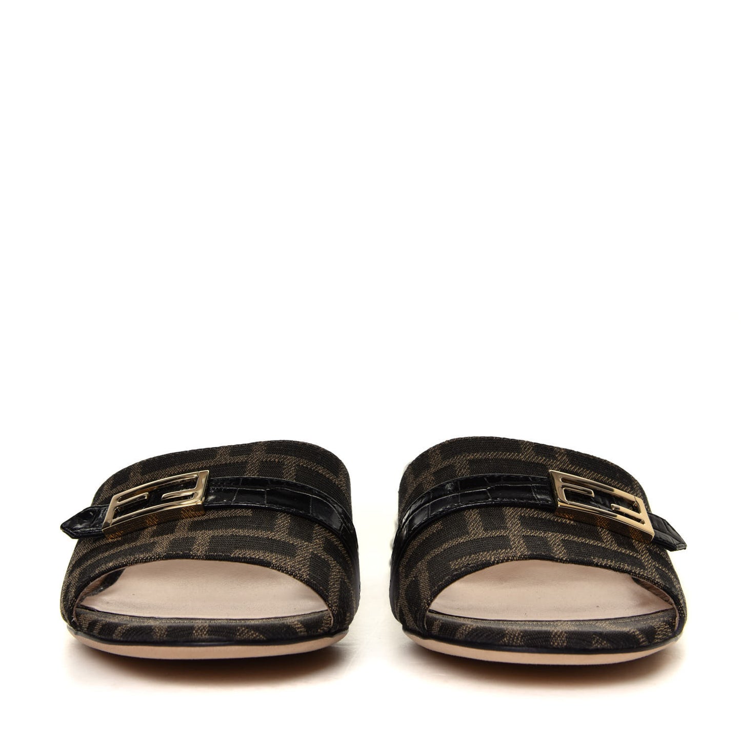 Jacquard Calfskin FF Crocodile Embossed Promenade Slide Sandals 36.5 Tobacco Moro Black