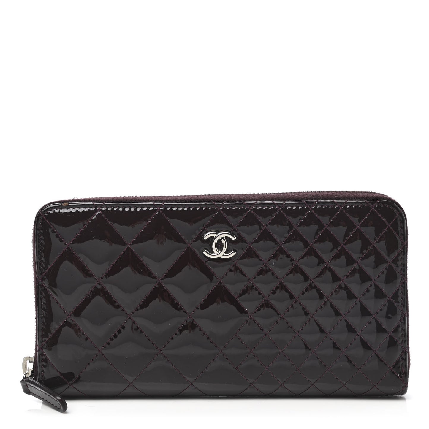 Patent Double Quilted Zip Around Wallet Burgundy