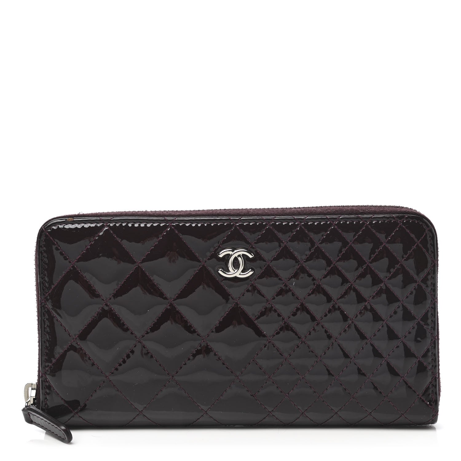 Chanel Patent Double Quilted Zip Around Wallet Burgundy 1 of 9