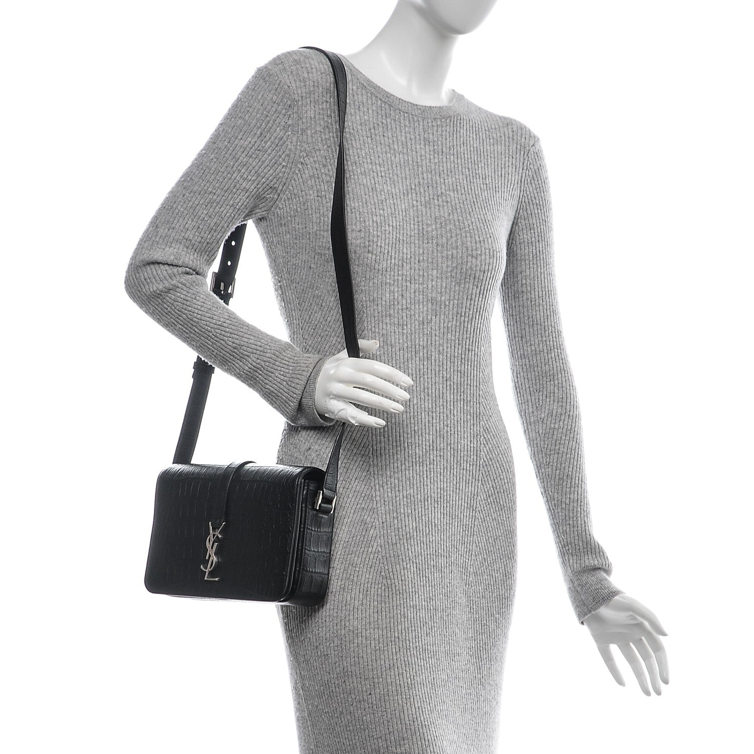 Saint Laurent Calfskin Crocodile Embossed Medium Monogram Universite Bag Black 2 of 7