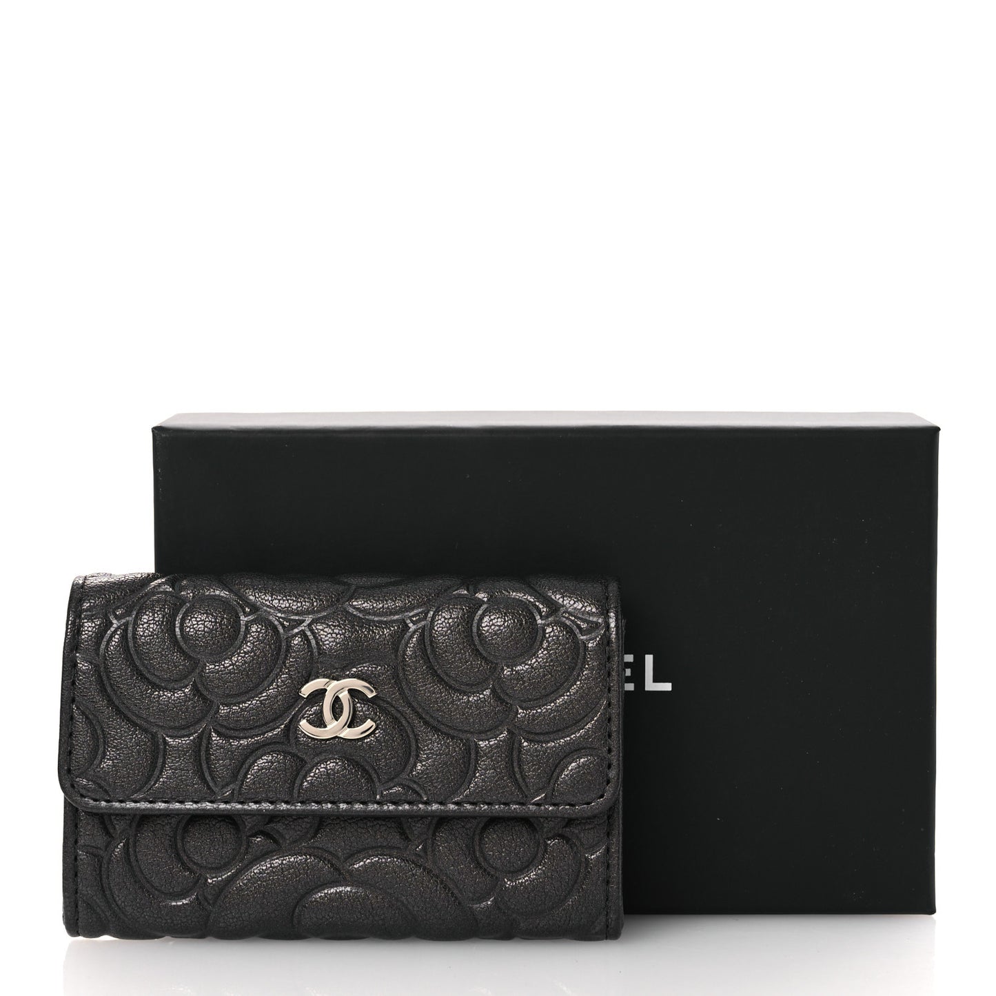 Goatskin Camellia Embossed Flap Card Holder Wallet Grey