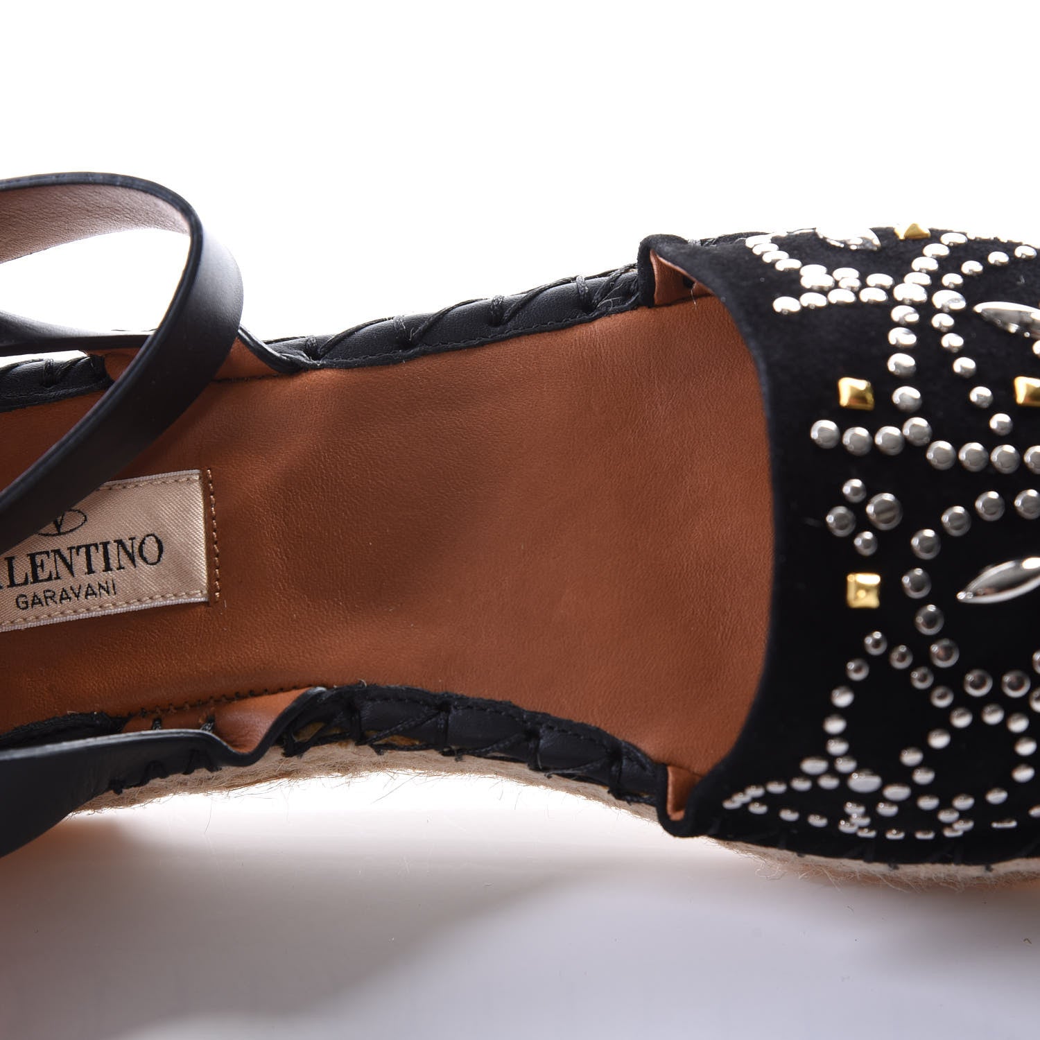 Valentino Garavani Suede Studded Peep Toe Ankle Wrap Flatform Espadrilles 38 Black 10 of 12