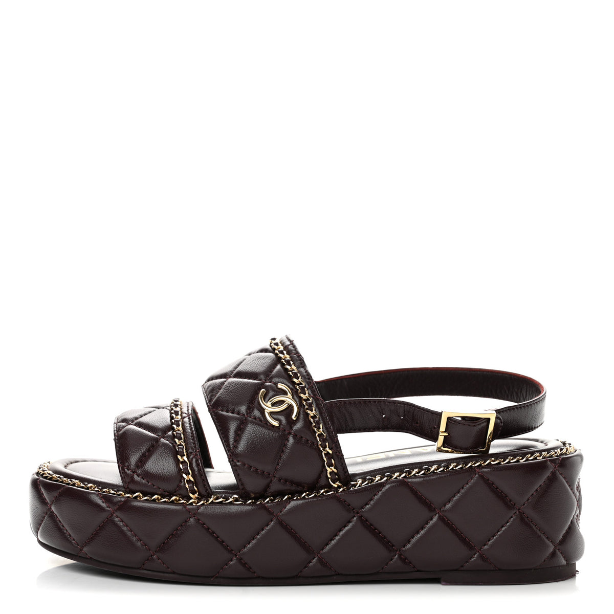 Shiny Lambskin Quilted Chain Around CC Platform Sandals 36 Burgundy