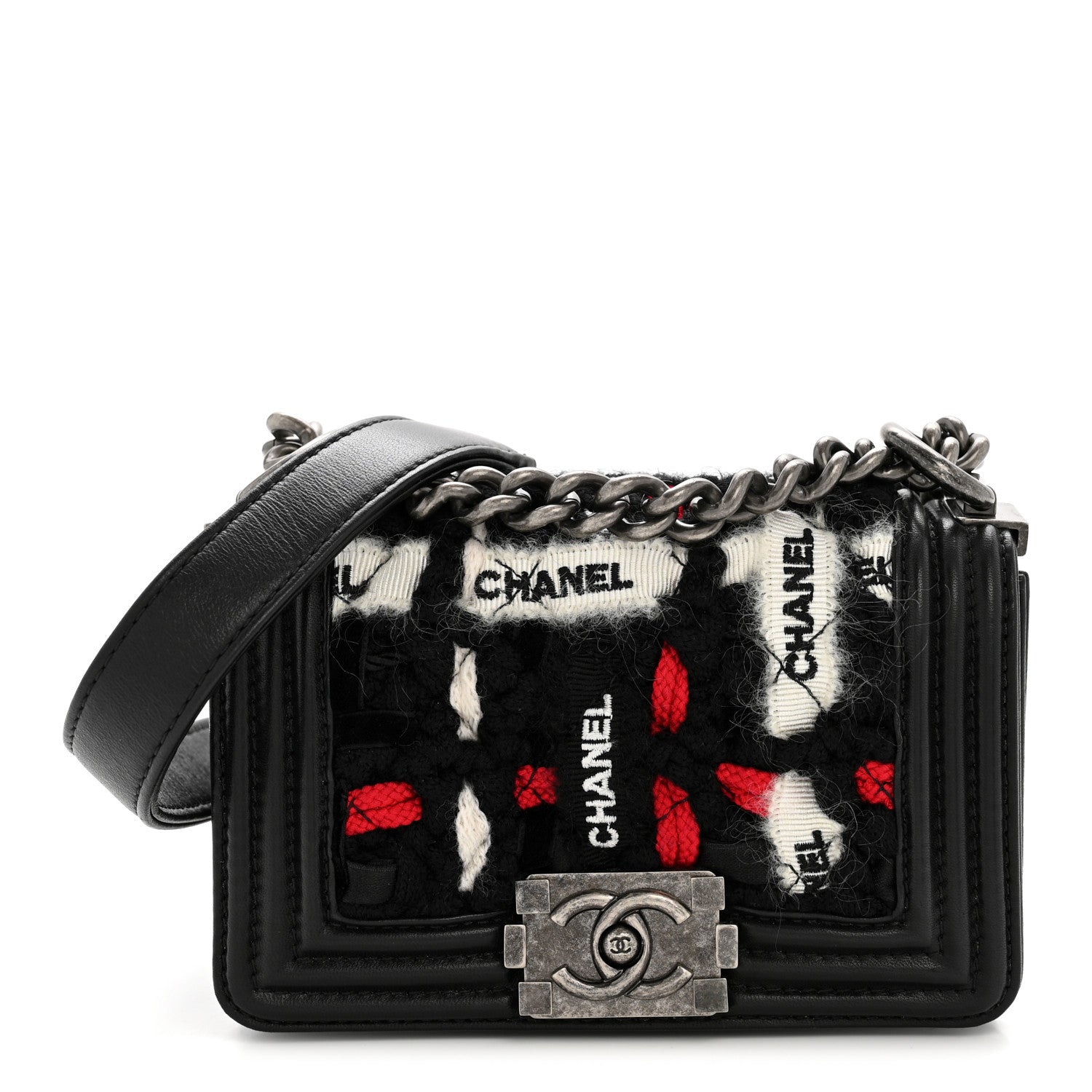 Chanel Lambskin Tweed Logo Embroidered Mini Boy Flap White Red Black 1 of 12