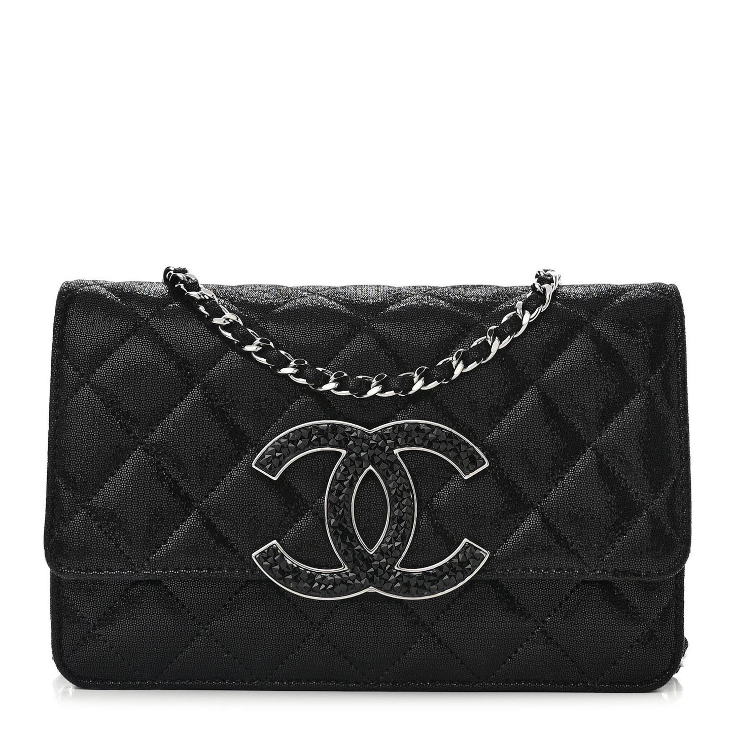 Iridescent Caviar Crystal Quilted Wallet On Chain WOC Black