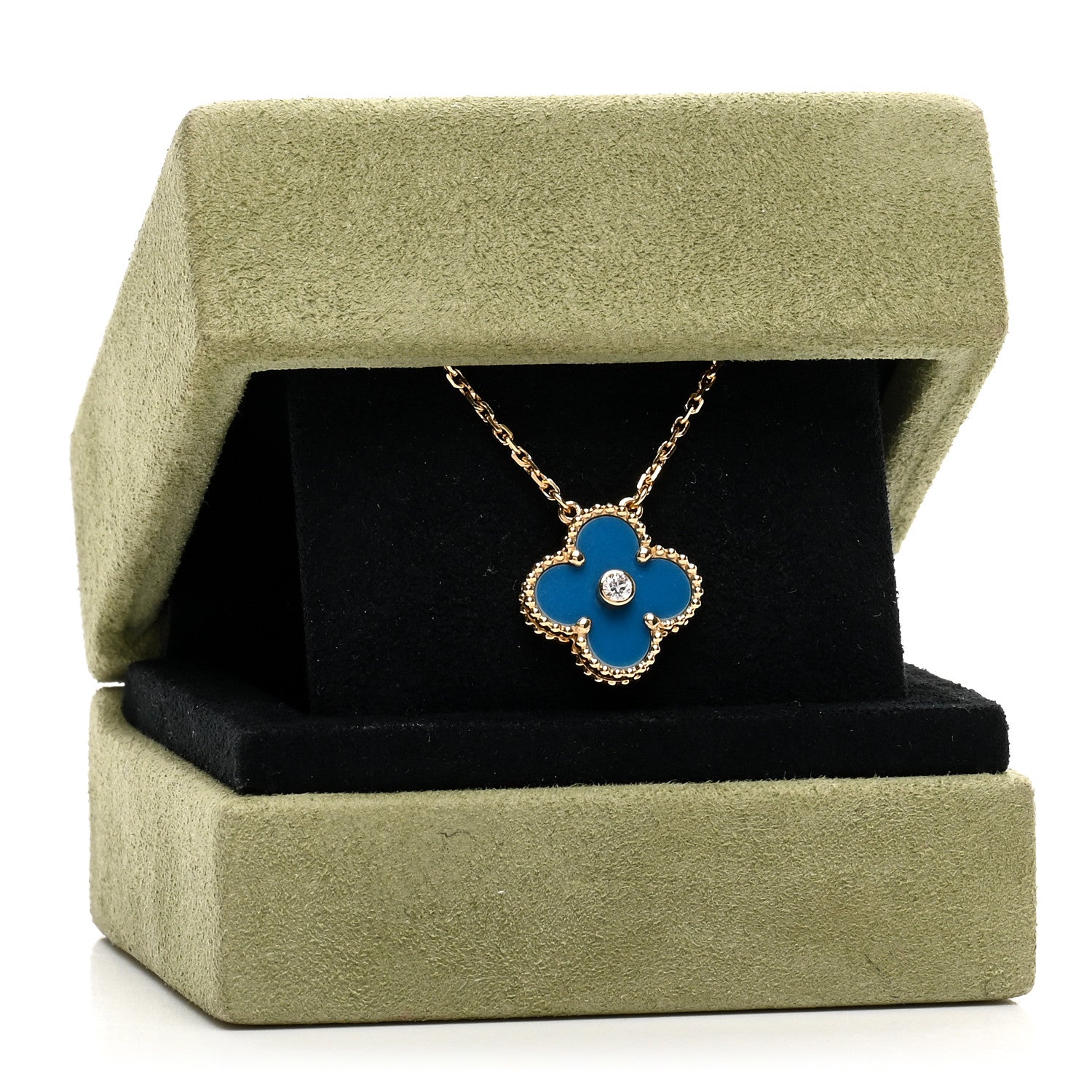 Van Cleef & Arpels 18K Yellow Gold Diamond Celestial Blue Sevres Porcelain Vintage Alhambra Pendant Necklace 6 of 6