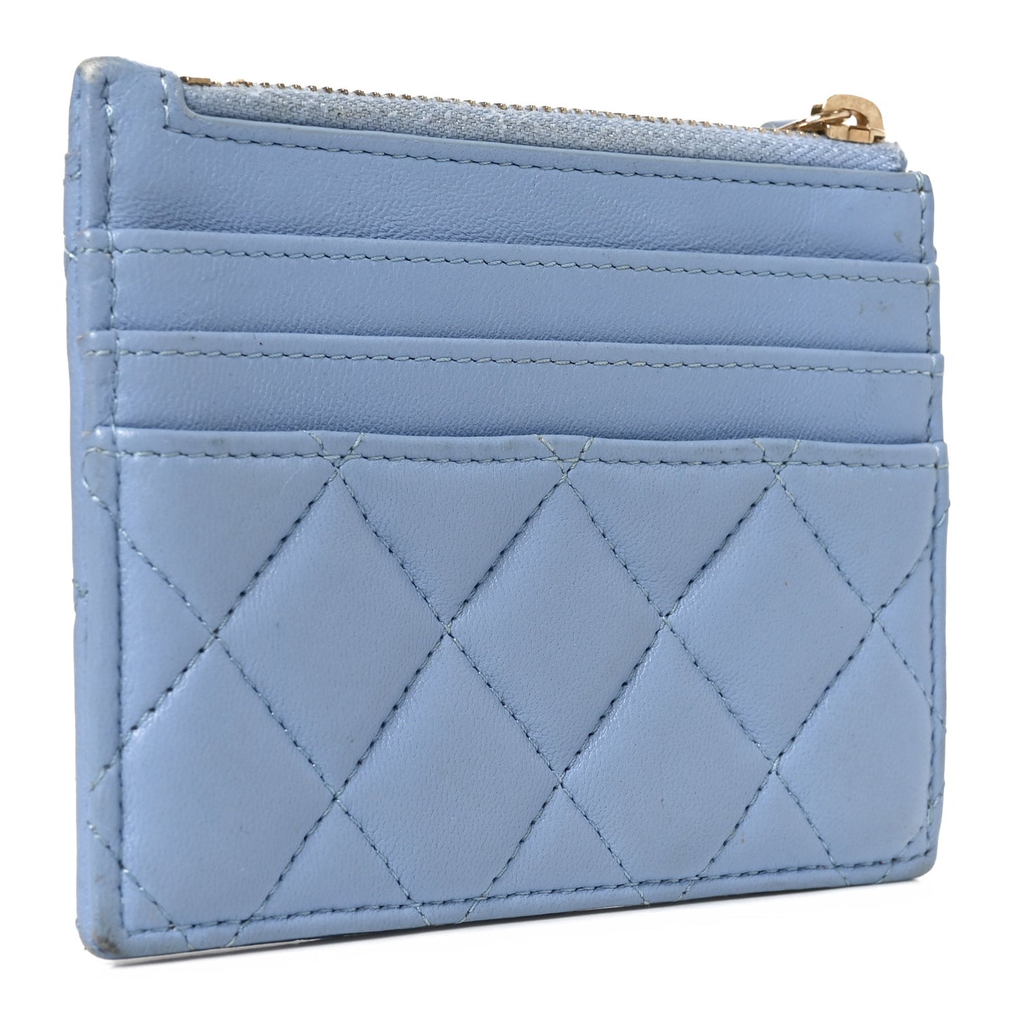 Lambskin Quilted CC Zip Card Holder Light Blue