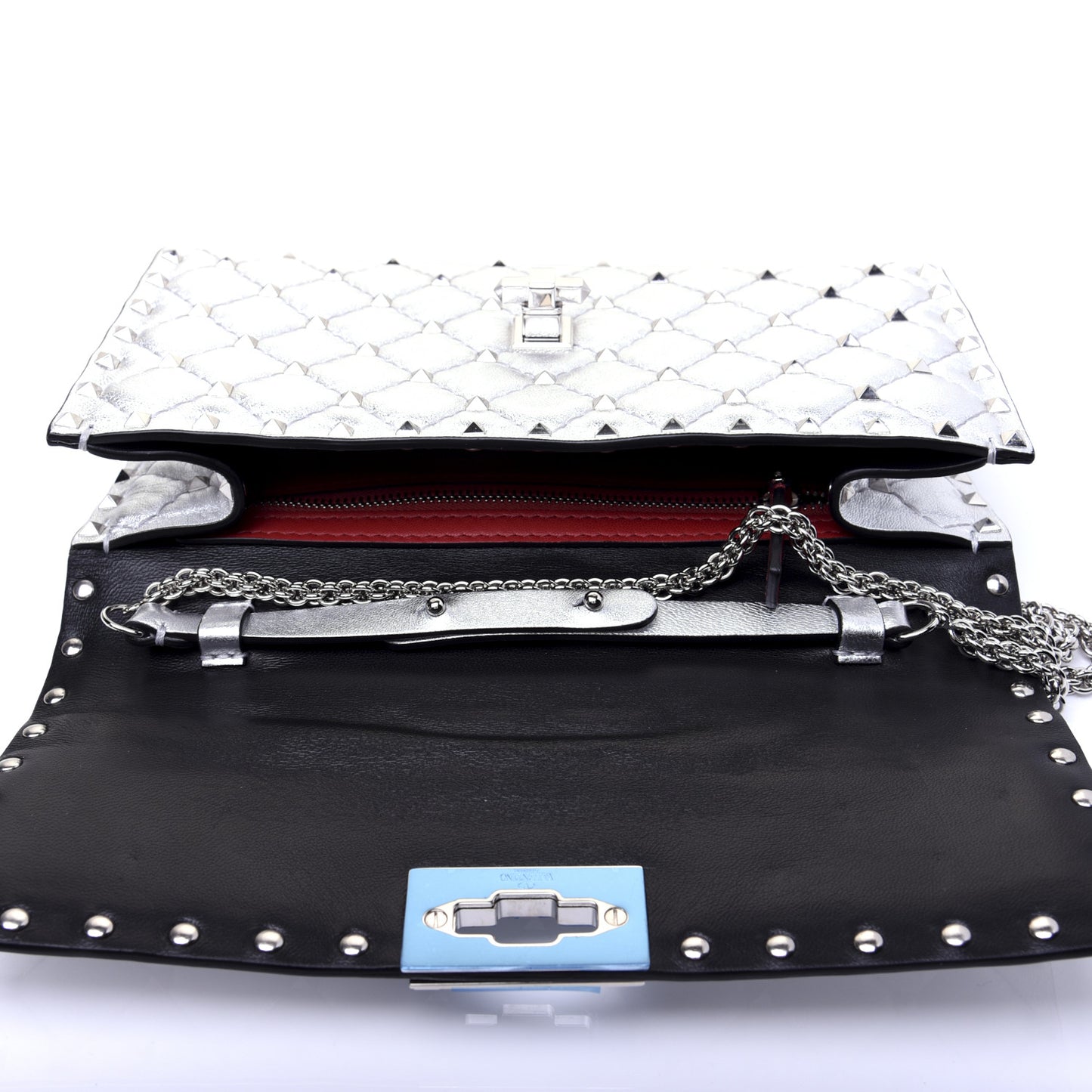 Metallic Lambskin Rockstud Spike Wallet on Chain Silver