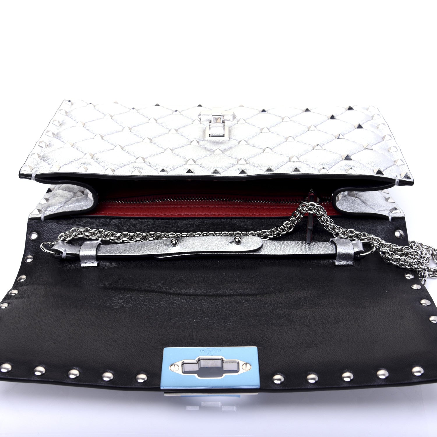 Valentino Garavani Metallic Lambskin Rockstud Spike Wallet on Chain Silver 9 of 18
