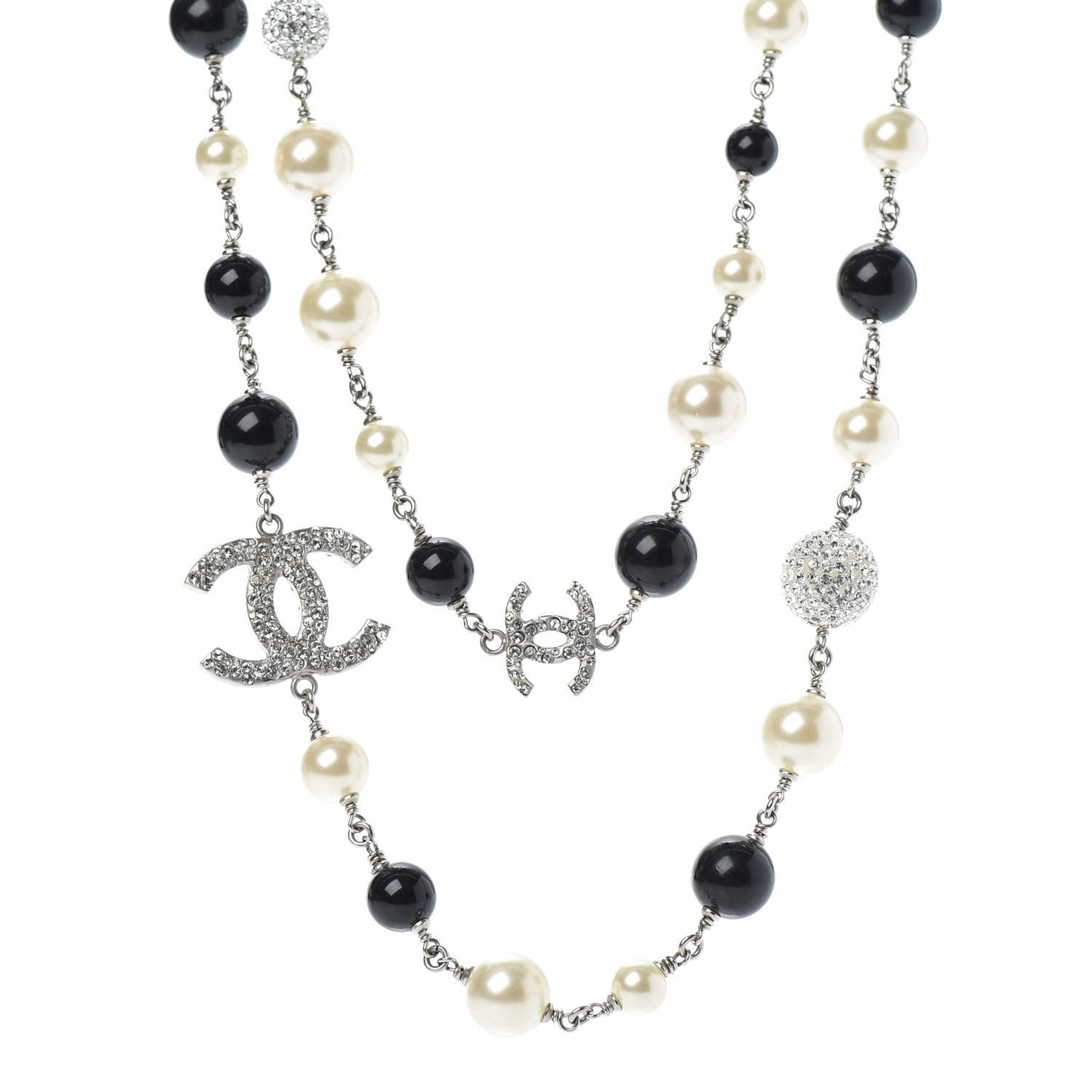 Pearl Crystal Bead CC Long Necklace Black Silver