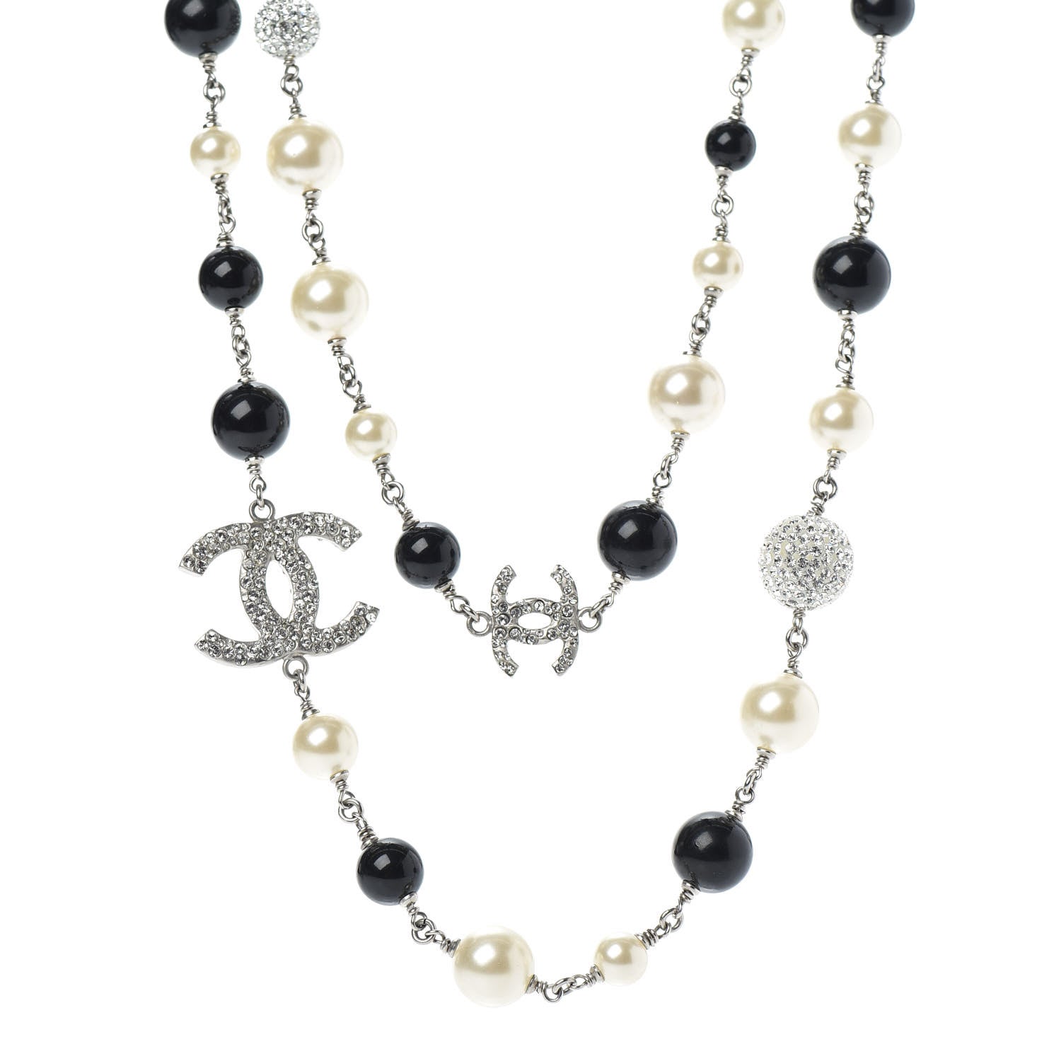Chanel Pearl Crystal Bead CC Long Necklace Black Silver 1 of 5