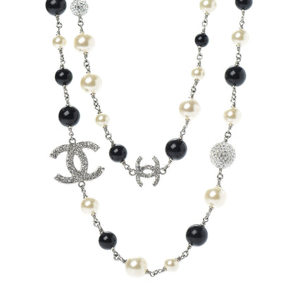 Chanel Pearl Crystal Bead CC Long Necklace Black Silver 1 of 5