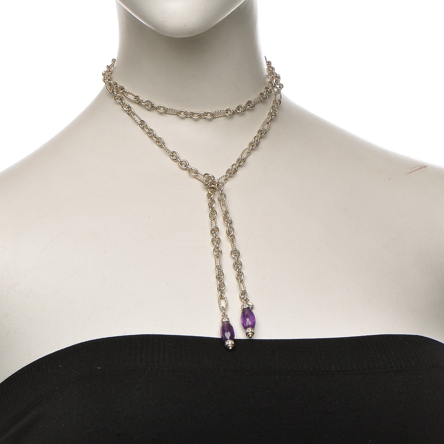 Sterling Silver Diamond Amethyst Figaro Lariat Necklace