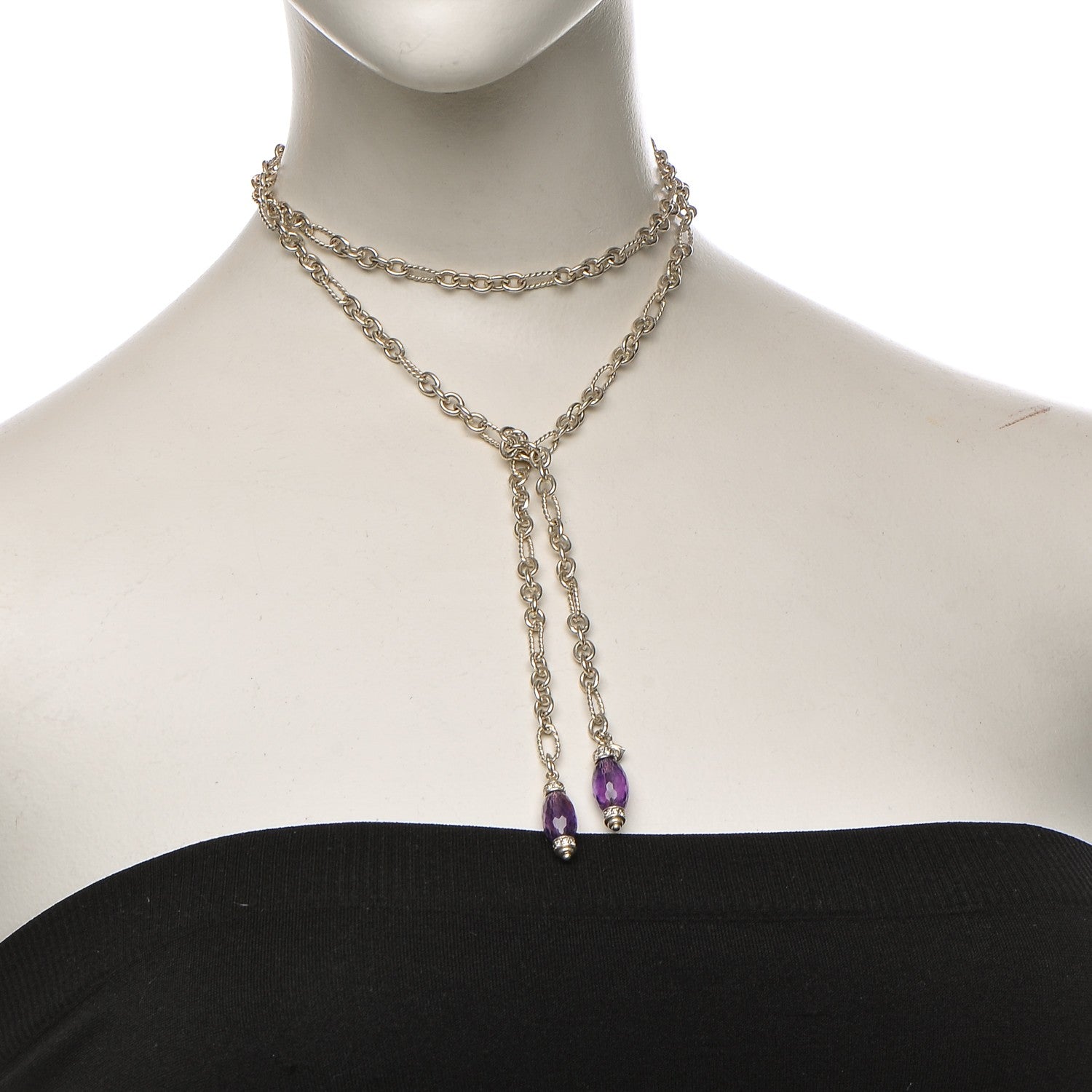 David Yurman Sterling Silver Diamond Amethyst Figaro Lariat Necklace 2 of 8