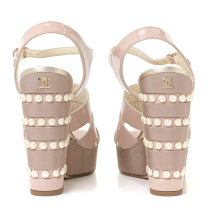 Chanel Patent Calfskin Pearl CC Wedge Sandals 39 Light Pink 4 of 14