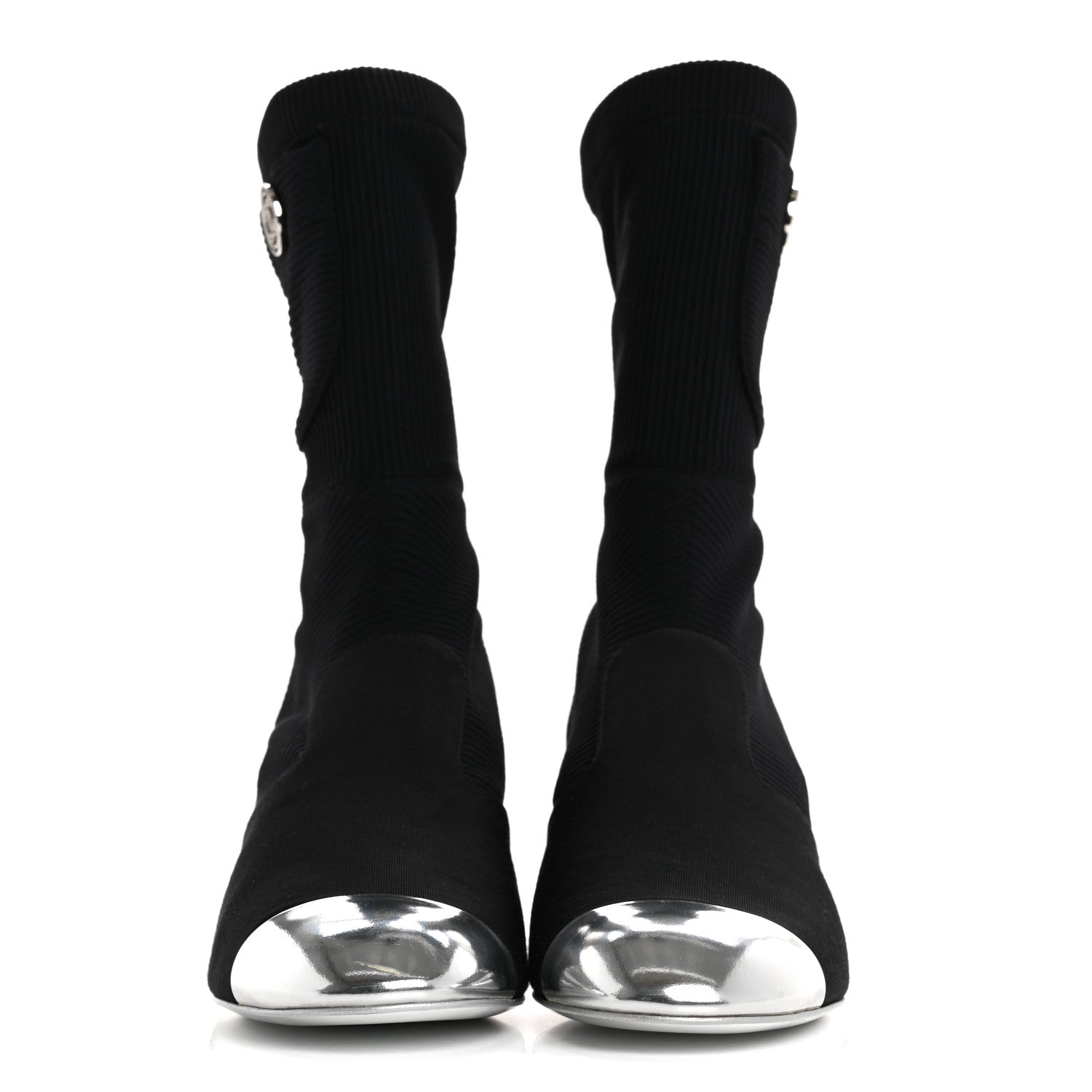 Chanel Grosgrain Knit Cap Toe CC Sock Boots 39 Black Silver 3 of 10