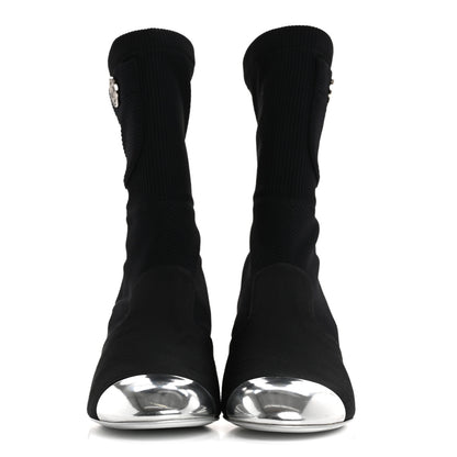 Chanel Grosgrain Knit Cap Toe CC Sock Boots 39 Black Silver 3 of 10