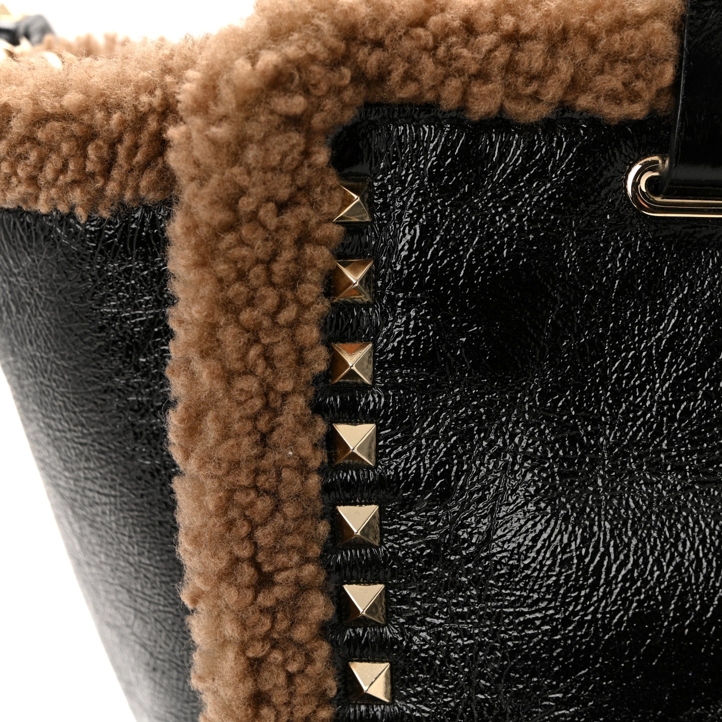 Textured Patent Calfskin Shearling Medium Rockstud Tote Black