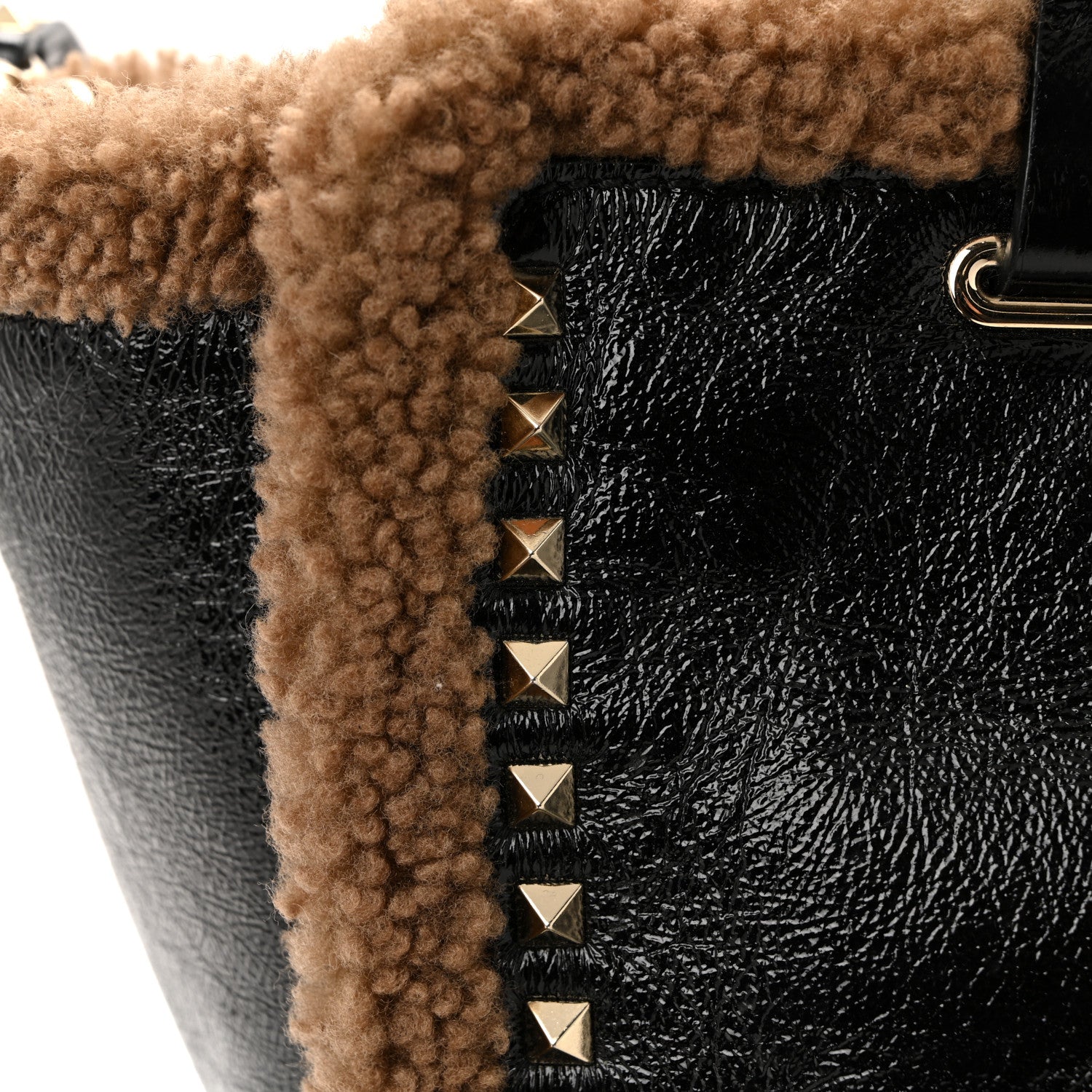 Valentino Garavani Textured Patent Calfskin Shearling Medium Rockstud Tote Black 11 of 11