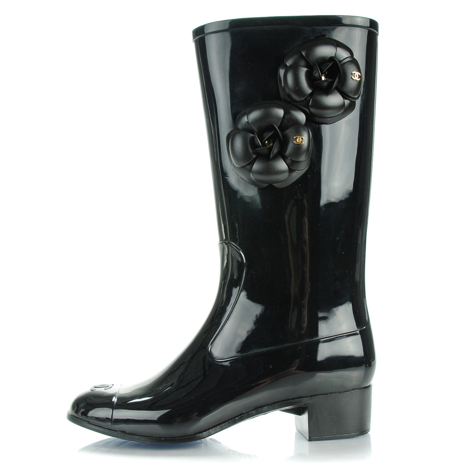 Chanel Rubber Camellia Rain Boots 38 Black 1 of 8