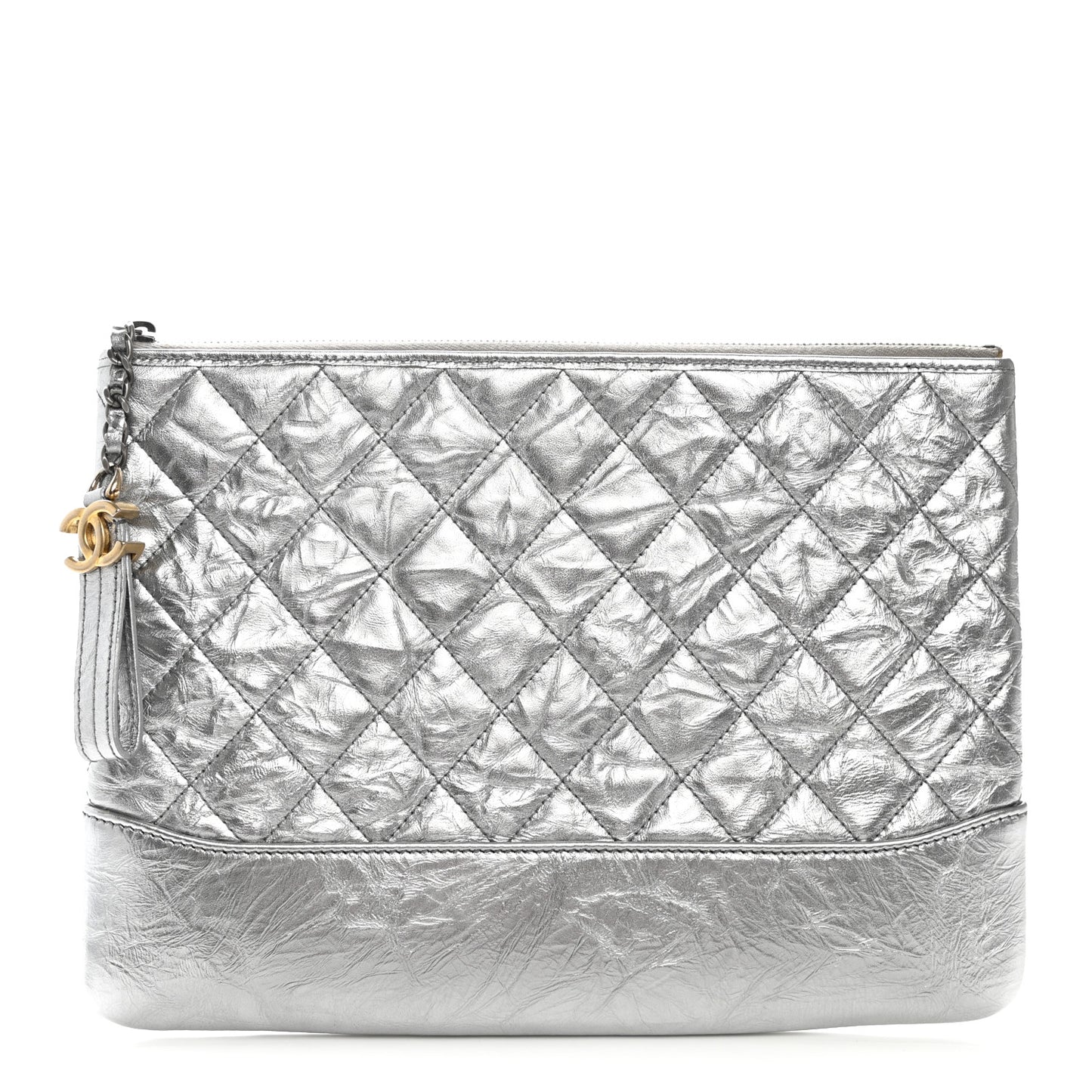 Metallic Crumpled Calfskin Quilted Medium Gabrielle Cosmetic Case Silver