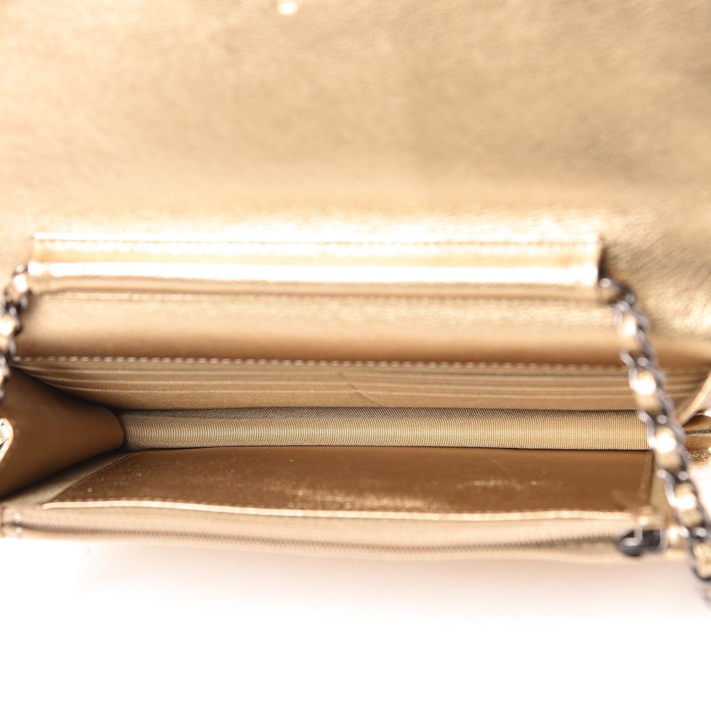 Metallic Lambskin Chevron Quilted Wallet On Chain WOC Gold