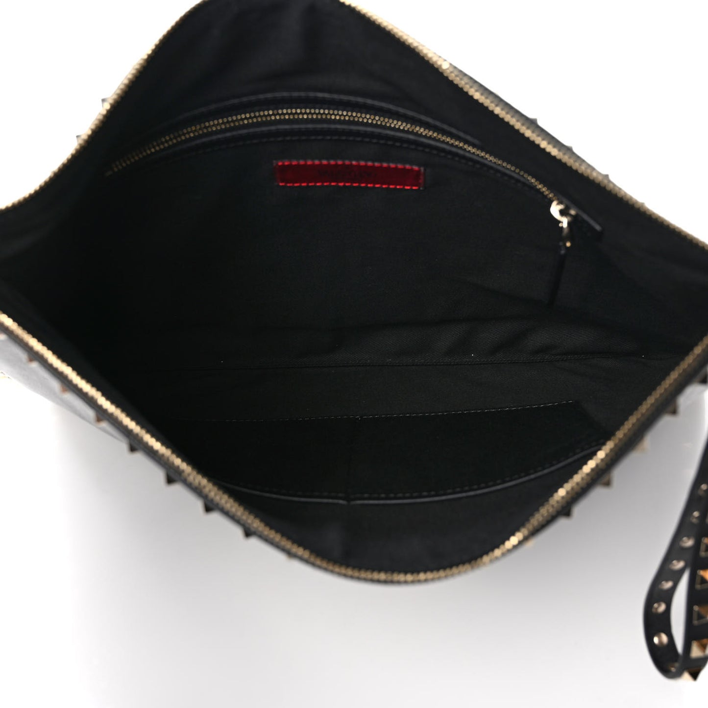 Vitello Oversized Rockstud Zip Wristlet Pouch Black