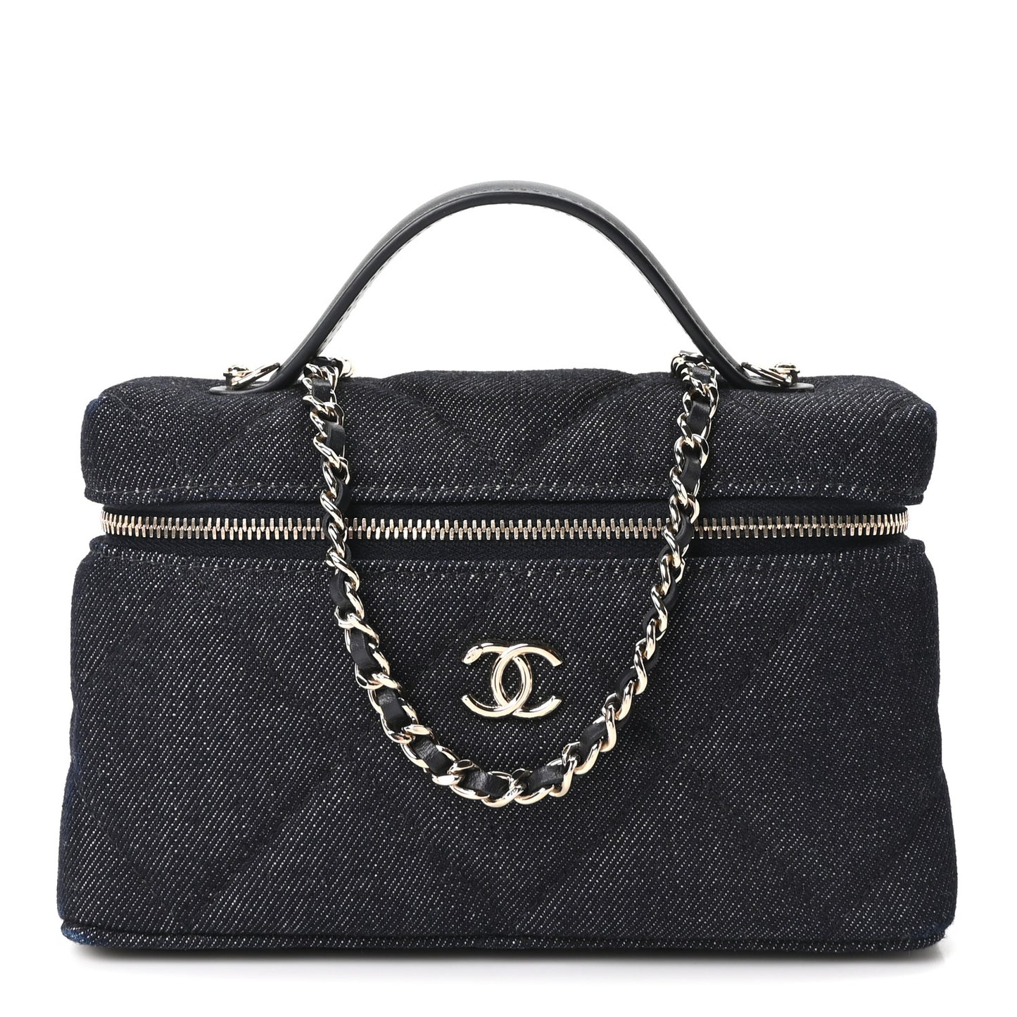 Denim Quilted Top Handle Slim Vanity Case With Chain Dark Blue