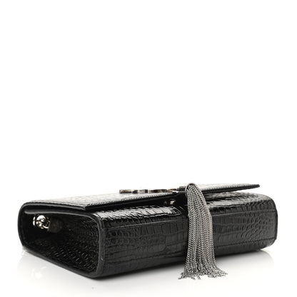 Saint Laurent Calfskin Crocodile Embossed Small Classic Monogram Kate Tassel Satchel Black 4 of 9